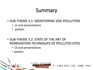 Summary
• SUB-THEME 3.1: MONITORING SOIL POLLUTION
• 11 oral presentations
• posters
• SUB-THEME 3.2: STATE OF THE ART OF
REMEDIATION TECHNIQUES OF POLLUTED SITES
• 15 oral presentations
• posters
 
