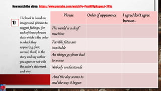 The book is based on
images and phrases to
suggest feelings, for
each of these phrases
state which is the order
in which they
appear(e.g. first,
second, third) in the
story and say wether
you agree or not with
the autor’s statement
and why.
Phrase Order of appearence I agree/don’t agree
because…
The world is a deaf
machine
Terrible fates are
inevitable
An things go from bad
to worse
Nobody understands
And the day seems to
end the way it began
Now watch the video: https://www.youtube.com/watch?v=PrmMFFpKxgw&t=245s
1)
 