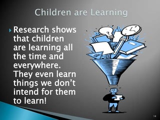 Children are LearningResearch shows that children              are learning all the time and everywhere. They even learn things we don’t intend for them to learn!14