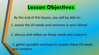 Lesson Objectives
By the end of this lesson, you will be able to:
2. discuss and reflect on these needs and concerns
3. gather possible solutions to resolve these LR needs
and concerns
1. assess the LR needs and concerns in your School
 