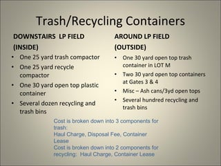 Trash/Recycling Containers DOWNSTAIRS  LP FIELD (INSIDE) One 25 yard trash compactor One 25 yard recycle compactor  One 30 yard open top plastic container Several dozen recycling and trash bins AROUND LP FIELD  (OUTSIDE) One 30 yard open top trash container in LOT M Two 30 yard open top containers at Gates 3 & 4 Misc – Ash cans/3yd open tops Several hundred recycling and trash bins Cost is broken down into 3 components for trash: Haul Charge, Disposal Fee, Container Lease Cost is broken down into 2 components for recycling:  Haul Charge, Container Lease 