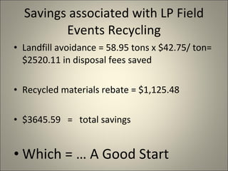 Savings associated with LP Field Events Recycling Landfill avoidance = 58.95 tons x $42.75/ ton= $2520.11 in disposal fees saved Recycled materials rebate = $1,125.48 $3645.59  =  total savings Which = … A Good Start 