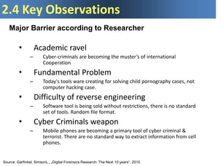 2.4 Key Observations
• Academic ravel
– Cyber-criminals are becoming the muster’s of international
Cooperation
• Fundamental Problem
– Today's tools ware creating for solving child pornography cases, not
computer hacking case.
• Difficulty of reverse engineering
– Software tool is being sold without restrictions, there is no standard
set of tools. Random file format.
• Cyber Criminals weapon
– Mobile phones are becoming a primary tool of cyber criminal &
terrorist. There are no standard way to extract information from cell
phones.
Major Barrier according to Researcher
Source: Garfinkel, SimsonL., „Digital Forensics Research: The Next 10 years“, 2010
 