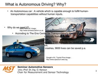 3
Seminar Automotive Sensors
Chair for Measurement and Sensor Technology
Univ.-Prof. Dr.-Ing. O. Kanoun
What is Autonomous Driving? Why?
• An Autonomous car : A vehicle which is capable enough to fulfill human-
transportation capabilities without human inputs.
• Why do we need it?
• Accroding to The Eno Center for Transportations,Washington D.C,
- 90% of road accidents are actually human errors
- If 10 % cars are autonomous,
- 2,11,000 fewer crashes , 1100 lives can be saved p.a.
- If 50% cars are autonomous,
- 1.88 million fewer crashes, 9600 lives can be saved p.a.
BMW Next100, Image :
http://www.bmweducatiom.co.uk.
Google‘s AV, Toyota Prius.Image :
http://www.spectrum.ieee.org
 