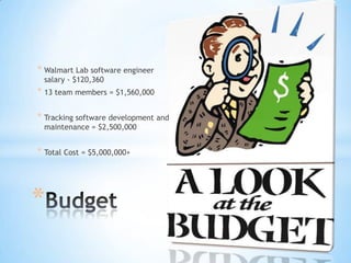 * Walmart Lab software engineer
salary - $120,360

* 13 team members = $1,560,000
* Tracking software development and
maintenance = $2,500,000

* Total Cost = $5,000,000+

*

 