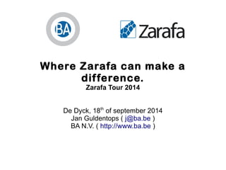 Where Zarafa can make a 
dif ference. 
Zarafa Tour 2014 
De Dyck, 18th of september 2014 
Jan Guldentops ( j@ba.be ) 
BA N.V. ( http://www.ba.be ) 
 