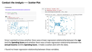 Conduct the Analysis --- Scatter Plot
Since I wanted to know whether there was a linear regression relationship between the age
and the Spending Score and whether there was a linear regression relationship between the
annual income and the Spending Score , I made a scatter plot with the data.
I found no linear regression relationship between these variables.
 