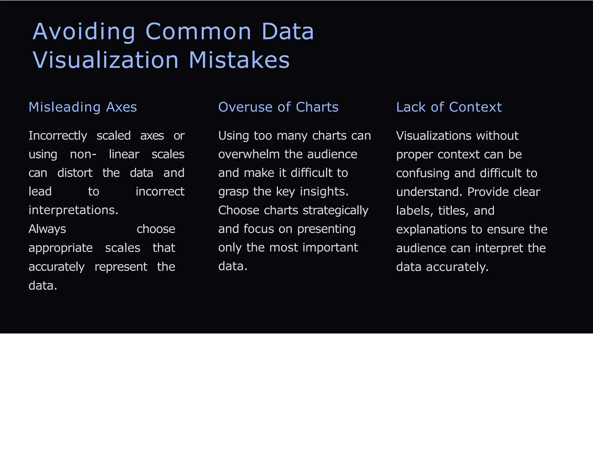 Avoiding Common Data
Visualization Mistakes
Misleading Axes
Incorrectly scaled axes or
using non- linear scales
can distort the data and
lead to incorrect
interpretations.
Always choose
appropriate scales that
accurately represent the
data.
Overuse of Charts
Using too many charts can
overwhelm the audience
and make it difficult to
grasp the key insights.
Choose charts strategically
and focus on presenting
only the most important
data.
Lack of Context
Visualizations without
proper context can be
confusing and difficult to
understand. Provide clear
labels, titles, and
explanations to ensure the
audience can interpret the
data accurately.
 
