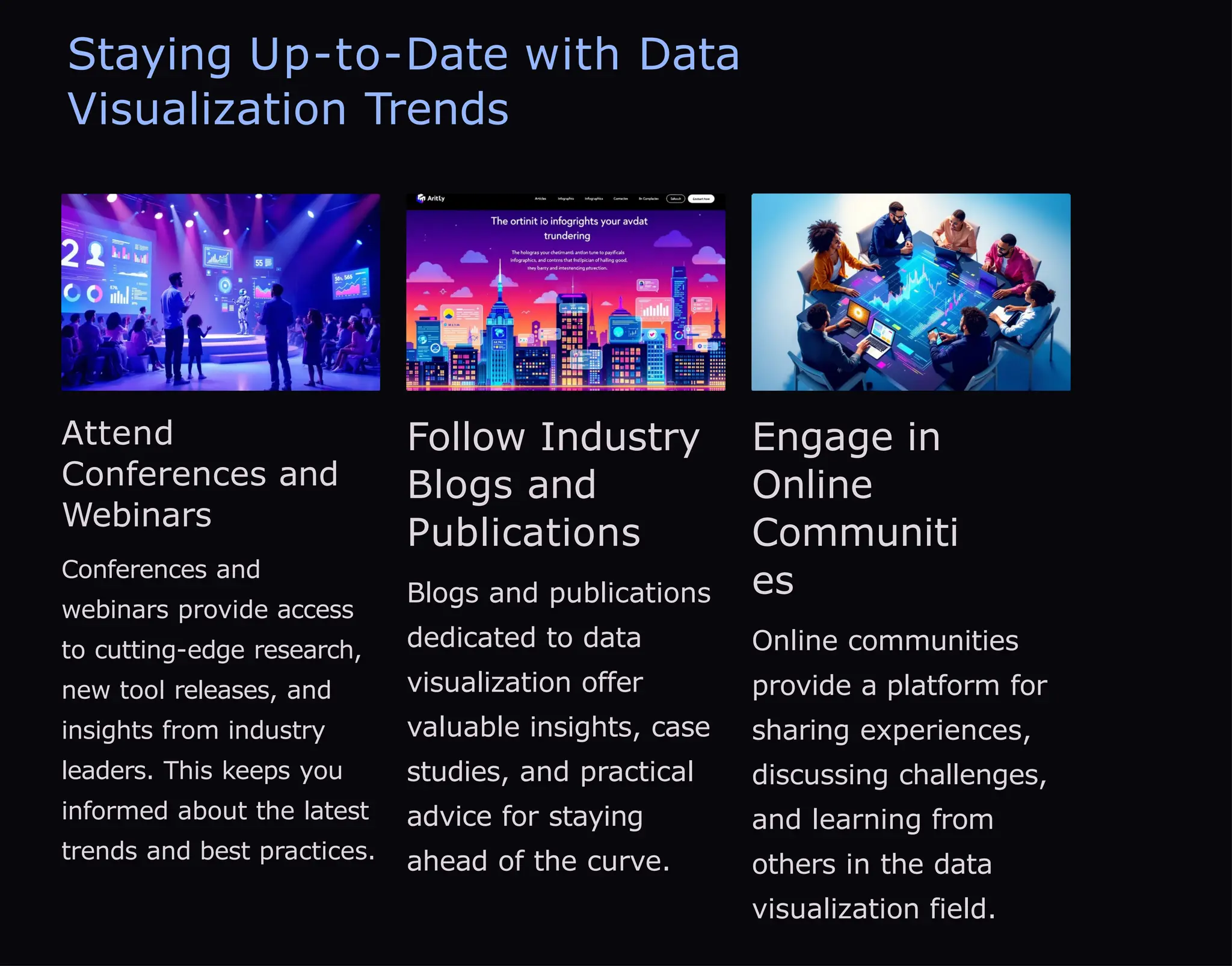 Staying Up-to-Date with Data
Visualization Trends
Attend
Conferences and
Webinars
Conferences and
webinars provide access
to cutting-edge research,
new tool releases, and
insights from industry
leaders. This keeps you
informed about the latest
trends and best practices.
Follow Industry
Blogs and
Publications
Blogs and publications
dedicated to data
visualization offer
valuable insights, case
studies, and practical
advice for staying
ahead of the curve.
Engage in
Online
Communiti
es
Online communities
provide a platform for
sharing experiences,
discussing challenges,
and learning from
others in the data
visualization field.
 