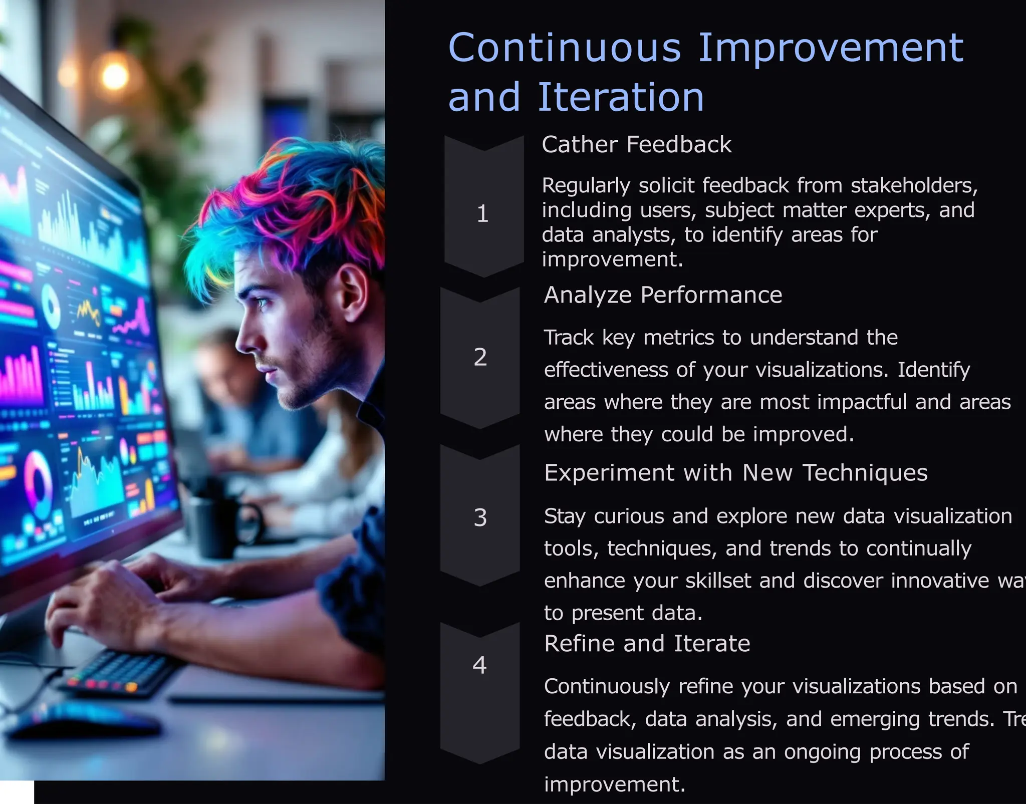 Continuous Improvement
and Iteration
1
Cather Feedback
Regularly solicit feedback from stakeholders,
including users, subject matter experts, and
data analysts, to identify areas for
improvement.
2
Analyze Performance
Track key metrics to understand the
effectiveness of your visualizations. Identify
areas where they are most impactful and areas
where they could be improved.
3
Experiment with New Techniques
Stay curious and explore new data visualization
tools, techniques, and trends to continually
enhance your skillset and discover innovative way
to present data.
4
Refine and Iterate
Continuously refine your visualizations based on
feedback, data analysis, and emerging trends. Tre
data visualization as an ongoing process of
improvement.
 