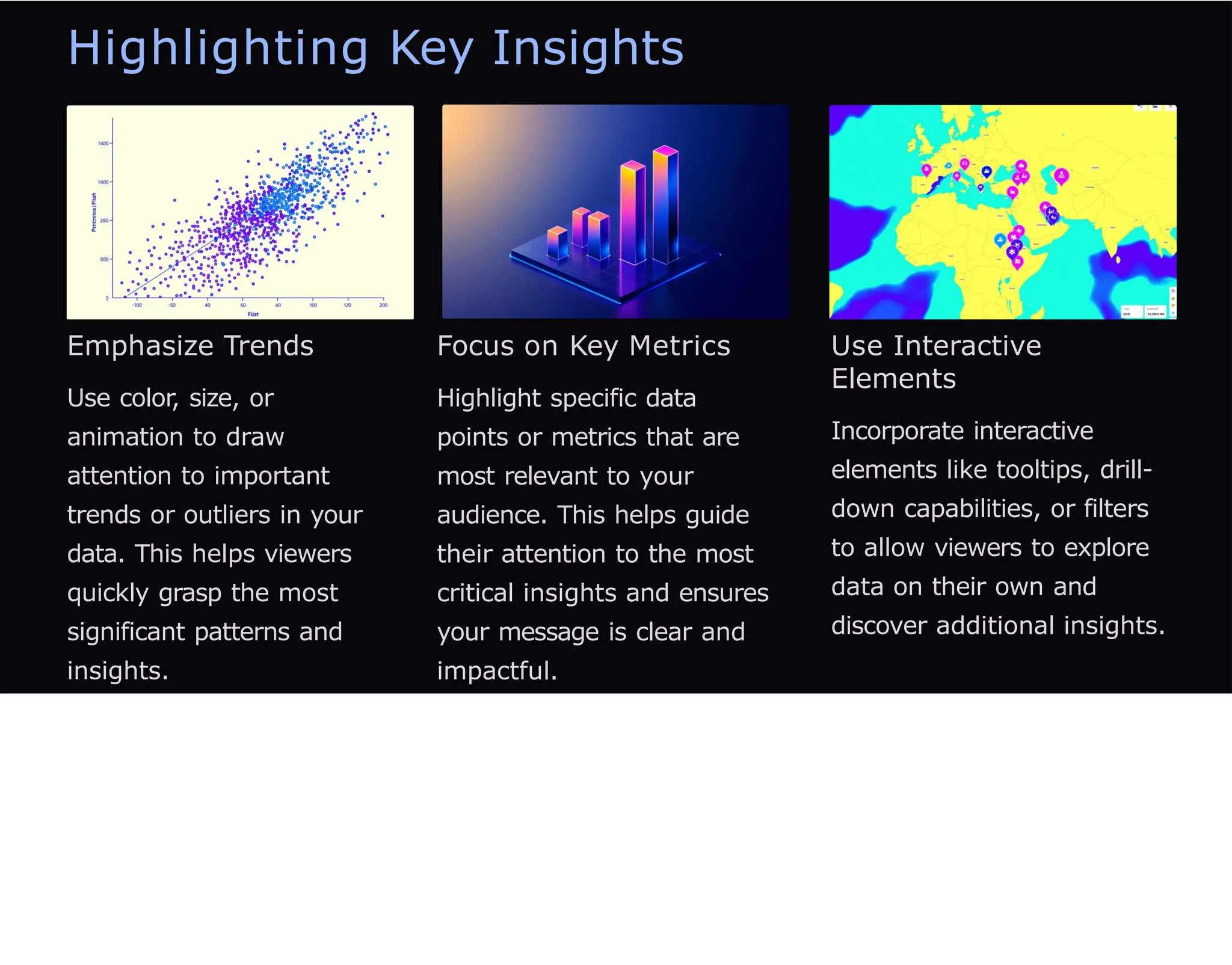 Highlighting Key Insights
Emphasize Trends
Use color, size, or
animation to draw
attention to important
trends or outliers in your
data. This helps viewers
quickly grasp the most
significant patterns and
insights.
Focus on Key Metrics
Highlight specific data
points or metrics that are
most relevant to your
audience. This helps guide
their attention to the most
critical insights and ensures
your message is clear and
impactful.
Use Interactive
Elements
Incorporate interactive
elements like tooltips, drill-
down capabilities, or filters
to allow viewers to explore
data on their own and
discover additional insights.
 