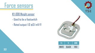 KY-008 Weight sensor
- Used to be a footswitch
- Rated output: 1.0 ±0.1 mV/V
22
Force sensors
V+ V- GHD
WHITE BLACK RED
 