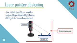 Laser pointer designing
26
- For installation of laser modules
- Adjustable positions of light beams
- Design to be a mobile equipment
Designing concept
 