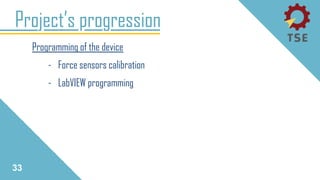 Programming of the device
- Force sensors calibration
- LabVIEW programming
Project’s progression
33
 