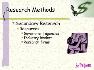 Research Methods
Secondary Research
Resources
Government agencies
Industry leaders
Research firms
 