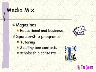 Media Mix
Magazines
Educational and business
Sponsorship programs
Tutoring
Spelling bee contests
scholarship contests
 