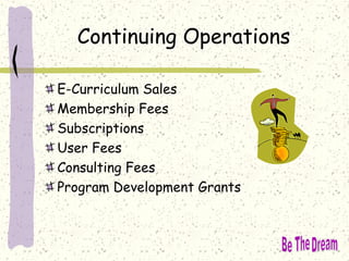 Continuing Operations
E-Curriculum Sales
Membership Fees
Subscriptions
User Fees
Consulting Fees
Program Development Grants
 