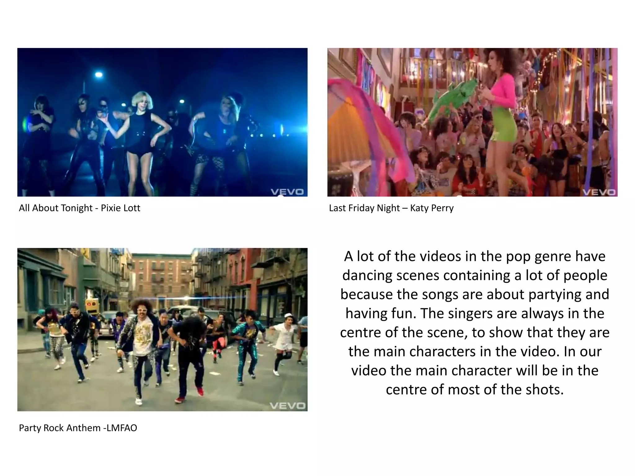 All About Tonight - Pixie Lott Last Friday Night – Katy PerryA lot of the videos in the pop genre have dancing scenes containing a lot of people because the songs are about partying and having fun. The singers are always in the centre of the scene, to show that they are the main characters in the video. In our video the main character will be in the centre of most of the shots.Party Rock Anthem -LMFAO