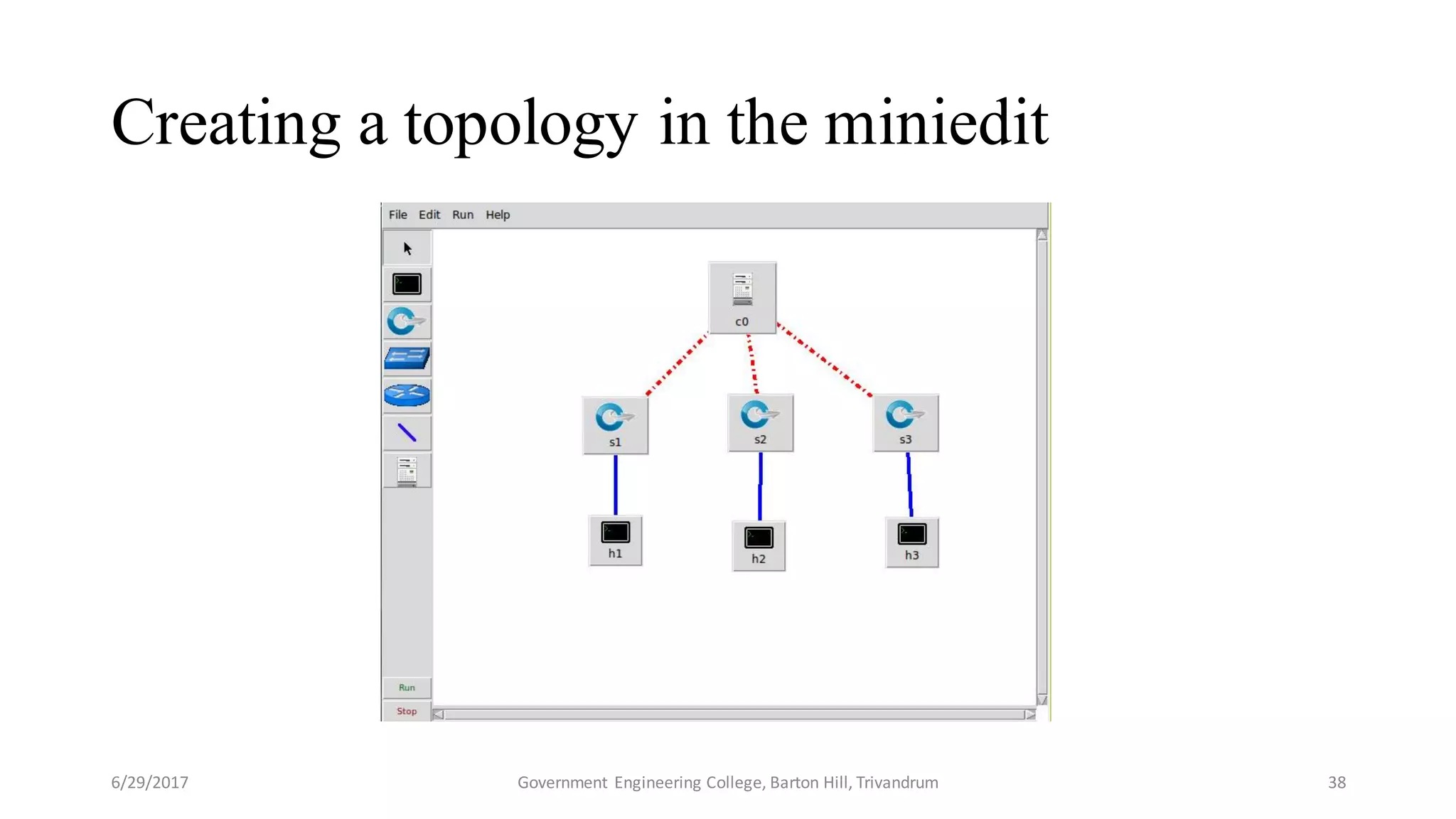 Creating a topology in the miniedit
6/29/2017 Government Engineering College, Barton Hill, Trivandrum 38
 