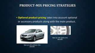 New car with ordinary rims
$59,000
New car with sports rims
$60,000
PRODUCT-MIX PRICING STRATEGIES
• Optional product pricing takes into account optional
or accessory products along with the main product.
 