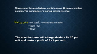 Now assume the manufacturer wants to earn a 20 percent markup
on sales. The manufacturer’s markup price is given by:
Markup price = unit cost /(1 - desired return on sales)
=16 /(1 - 0.2)
= Rs 20
The manufacturer will charge dealers Rs 20 per
unit and make a profit of Rs 4 per unit.
 