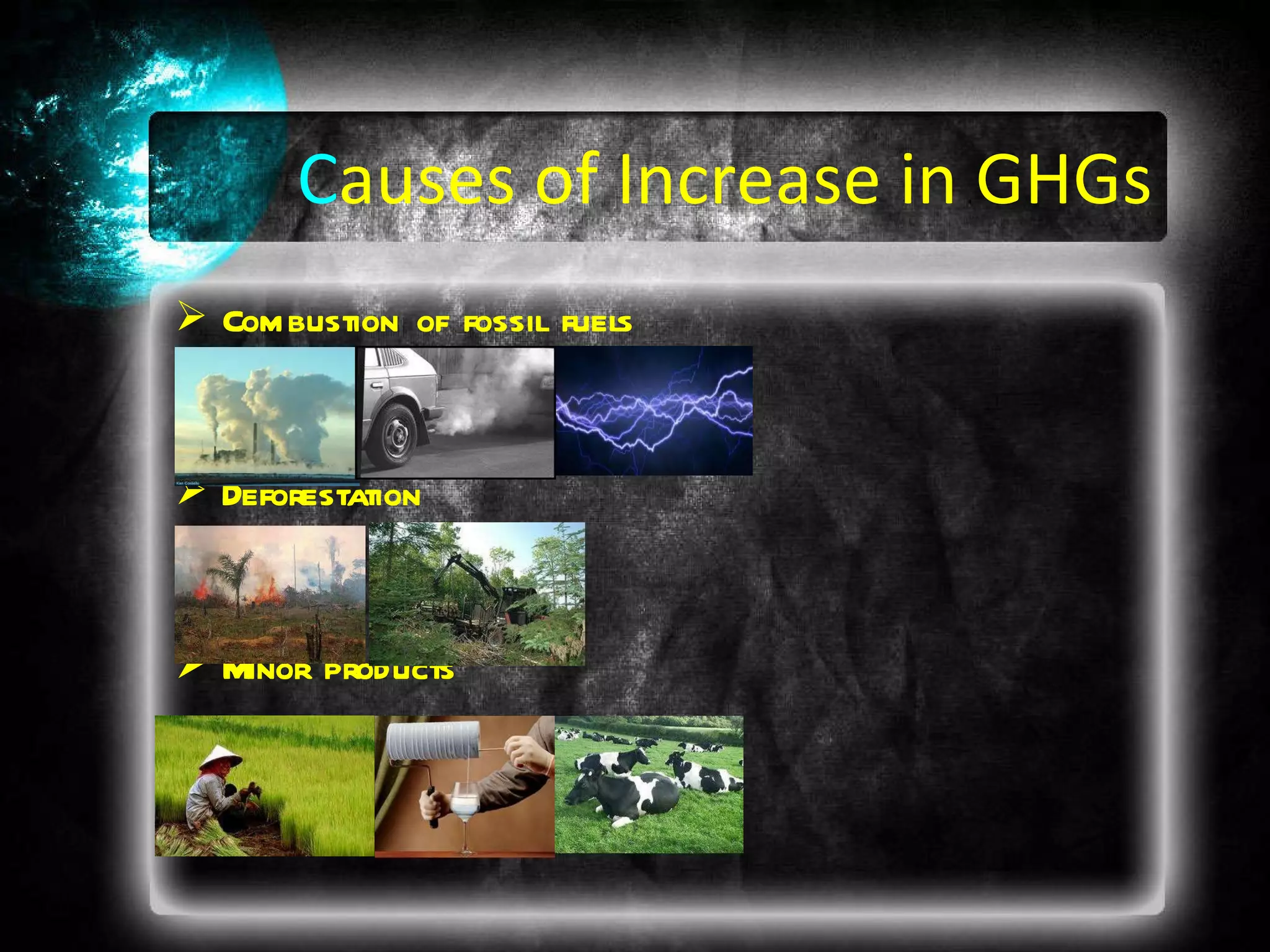 C auses of Increase in GHGs Combustion of fossil fuels  Deforestation Minor products 