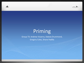 Priming
Group 73: Andrew Vizzerra, Dakota Drummond,
Gregory Coles, Shane Padilla
 