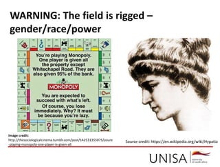 Source credit: https://en.wikipedia.org/wiki/Hypatia
WARNING: The field is rigged –
gender/race/power
Image credit:
http://thesociologicalcinema.tumblr.com/post/142531355075/youre
-playing-monopoly-one-player-is-given-all
 