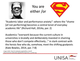 “Academic labor and performance anxiety”: where the “shame
[of not performing] becomes a central tenet of everyday
academic life” (Richard Hall, 2014a, par. 2)
Academics “overwork because the current culture in
universities is brutally and deliberately invested in shaming
those who don’t compete effectively…” in stark contrast with
the heroic few who do, somehow, meet the shifting goalposts
(Kate Bowles, 2014, par. 7-8)
Image credits: http://no.wikipedia.org/wiki/Boris_Karloff
http://commons.wikimedia.org/wiki/File:Superman_S_symbol.svg
You are
either /or
 