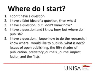 1. I don’t have a question
2. I have a faint idea of a question, then what?
3. I have a question, but I don’t know how?
4. I have a question and I know how, but where do I
publish?
5. I have a question, I know how to do the research, I
know where I would like to publish, what is next?
Issues of open publishing, the fifty shades of
publication, predatory journals, journal impact
factor, and the ‘lists’
Where do I start?
 