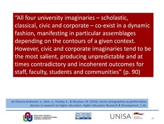 “All four university imaginaries – scholastic,
classical, civic and corporate – co-exist in a dynamic
fashion, manifesting in particular assemblages
depending on the contours of a given context.
However, civic and corporate imaginaries tend to be
the most salient, producing unpredictable and at
times contradictory and incoherent outcomes for
staff, faculty, students and communities” (p. 90)
de Oliveira Andreotti, V., Stein, S., Pashby, K., & Nicolson, M. (2016). Social cartographies as performative
devices in research on higher education. Higher Education Research & Development, 1-16.
30
 