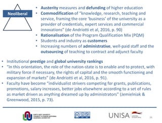 Imagecredit:https://pixabay.com/en/binary-code-man-display-dummy-face-1327512/
Neoliberal
• Austerity measures and defunding of higher education
• Commodification of “knowledge, research, teaching and
service, framing the core ‘business’ of the university as a
provider of credentials, expert services and commercial
innovations” (de Andriotti et al, 2016, p. 90)
• Rationalisation of the Program Qualification Mix (PQM)
• Students and industry as customers
• Increasing numbers of administrative, well-paid staff and the
outsourcing of teaching to contract and adjunct faculty
• Institutional prestige and global university rankings
• “In this orientation, the role of the nation-state is to enable and to protect, with
military force if necessary, the rights of capital and the smooth functioning and
expansion of markets” (de Andriotti et al, 2016, p. 91).
• Faculty have become “individualist strivers competing for grants, publications,
promotions, salary increases, better jobs elsewhere according to a set of rules
as market driven as anything dreamed up by administrators” (Jemielniak &
Greenwood, 2015, p. 73).
34
 