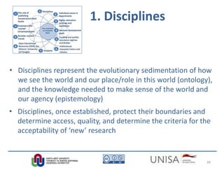 1. Disciplines
• Disciplines represent the evolutionary sedimentation of how
we see the world and our place/role in this world (ontology),
and the knowledge needed to make sense of the world and
our agency (epistemology)
• Disciplines, once established, protect their boundaries and
determine access, quality, and determine the criteria for the
acceptability of ‘new’ research
39
 