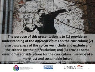 Imagecredit:https://pixabay.com/en/binary-code-man-display-dummy-face-1327512/
A social cartography of student data:
Moving beyond #StudentsAsDataObjects
Presentation at the 23rd Conference of the South African Association for
Institutional Research (SAAIR), Potchefstroom, South Africa
Paul Prinsloo
University of South Africa (Unisa)
@14prinsp
Image credit: https://pixabay.com/en/anarchy-graffiti-berlin-graffiti-8265/
The purpose of this presentation is to (1) provide an
understanding of the different claims on the curriculum; (2)
raise awareness of the voices we include and exclude and
the criteria for their in/exclusion; and (3) provide some
alternative considerations for the curriculum in service of a
more just and sustainable future
9
 