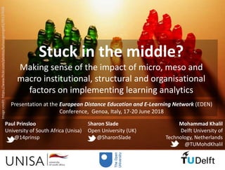 Stuck in the middle?
Making sense of the impact of micro, meso and
macro institutional, structural and organisational
factors on implementing learning analytics
Presentation at the European Distance Education and E-Learning Network (EDEN)
Conference, Genoa, Italy, 17-20 June 2018
Imagecredit:https://www.flickr.com/photos/furiousgeorge81/95137658
Paul Prinsloo
University of South Africa (Unisa)
@14prinsp
Sharon Slade
Open University (UK)
@SharonSlade
Mohammad Khalil
Delft University of
Technology, Netherlands
@TUMohdKhalil
 