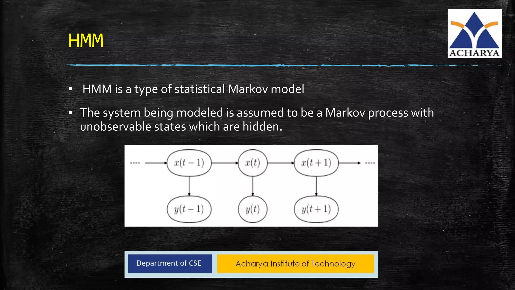 HMM
▪ HMM is a type of statistical Markov model
▪ The system being modeled is assumed to be a Markov process with
unobservable states which are hidden.
 