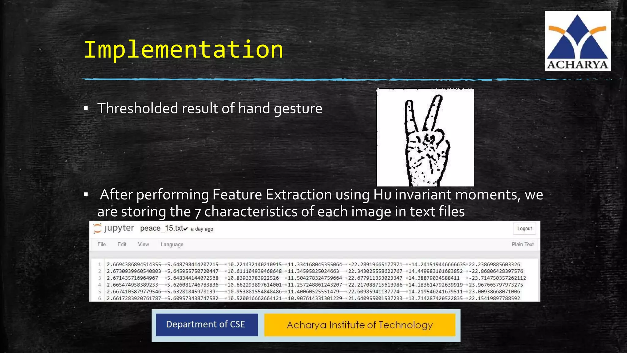 Implementation
▪ Thresholded result of hand gesture
▪ After performing Feature Extraction using Hu invariant moments, we
are storing the 7 characteristics of each image in text files
 
