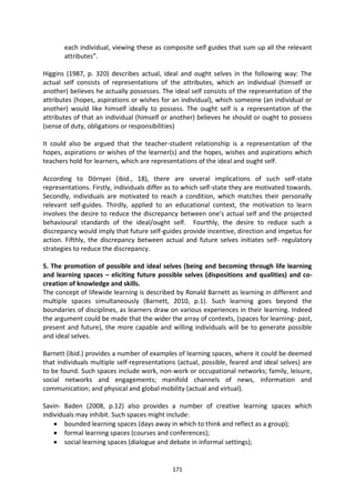 each individual, viewing these as composite self guides that sum up all the relevant
       attributes”.

Higgins (1987, p. 320) describes actual, ideal and ought selves in the following way: The
actual self consists of representations of the attributes, which an individual (himself or
another) believes he actually possesses. The ideal self consists of the representation of the
attributes (hopes, aspirations or wishes for an individual), which someone (an individual or
another) would like himself ideally to possess. The ought self is a representation of the
attributes of that an individual (himself or another) believes he should or ought to possess
(sense of duty, obligations or responsibilities)

It could also be argued that the teacher-student relationship is a representation of the
hopes, aspirations or wishes of the learner(s) and the hopes, wishes and aspirations which
teachers hold for learners, which are representations of the ideal and ought self.

According to Dörnyei (ibid., 18), there are several implications of such self-state
representations. Firstly, individuals differ as to which self-state they are motivated towards.
Secondly, individuals are motivated to reach a condition, which matches their personally
relevant self-guides. Thirdly, applied to an educational context, the motivation to learn
involves the desire to reduce the discrepancy between one’s actual self and the projected
behavioural standards of the ideal/ought self. Fourthly, the desire to reduce such a
discrepancy would imply that future self-guides provide incentive, direction and impetus for
action. Fifthly, the discrepancy between actual and future selves initiates self- regulatory
strategies to reduce the discrepancy.

5. The promotion of possible and ideal selves (being and becoming through life learning
and learning spaces – eliciting future possible selves (dispositions and qualities) and co-
creation of knowledge and skills.
The concept of lifewide learning is described by Ronald Barnett as learning in different and
multiple spaces simultaneously (Barnett, 2010, p.1). Such learning goes beyond the
boundaries of disciplines, as learners draw on various experiences in their learning. Indeed
the argument could be made that the wider the array of contexts, (spaces for learning- past,
present and future), the more capable and willing individuals will be to generate possible
and ideal selves.

Barnett (ibid.) provides a number of examples of learning spaces, where it could be deemed
that individuals multiple self-representations (actual, possible, feared and ideal selves) are
to be found. Such spaces include work, non-work or occupational networks; family, leisure,
social networks and engagements; manifold channels of news, information and
communication; and physical and global mobility (actual and virtual).

Savin- Baden (2008, p.12) also provides a number of creative learning spaces which
individuals may inhibit. Such spaces might include:
        bounded learning spaces (days away in which to think and reflect as a group);
        formal learning spaces (courses and conferences);
        social learning spaces (dialogue and debate in informal settings);


                                             171
 