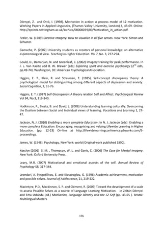 Dörnyei, Z. and Ottó, I. (1998). Motivation in action: A process model of L2 motivation.
Working Papers in Applied Linguistics, (Thames Valley University, London) 4, 43-69. Online:
http://eprints.nottingham.ac.uk/archive/00000039/00/Motivation_in_action.pdf

Fezler, W. (1989) Creative Imagery: How to visualize in all five senses. New York: Simon and
Schuster.

Gamache, P. (2002) University students as creators of personal knowledge: an alternative
espistemological view. Teaching in Higher Education. Vol 7, No. 3, 277-294.

Gould, D., Damarjian, N. and Greenleaf, C. (2002) Imagery training for peak performance. In
J. L. Van Raalte abd B. W. Brewer (eds) Exploring sport and exercise psychology (2nd edn,
pp.49-74). Washington, DC: American Psychological Association.

Higgins, E. T., Klein, R. and Strauman, T. (1985). Self-concept discrepancy theory: A
psychological model for distinguishing among different aspects of depression and anxiety.
Social Cognition, 3, 51-76.

Higgins, E. T. (1987) Self-Discrepancy: A theory relation Self and Affect. Psychological Review
Vol 94, No.3, 319-340.

Hodkinson, P., Biesta, B. and David, J. (2008) Understanding learning culturally: Overcoming
the Dualism between Social and Individual views of learning. Vocations and Learning 1, 27-
47.

Jackson, N. J. (2010) Enabling a more complete Education: In N. J. Jackson (eds) Enabling a
more complete Education: Encouraging recognising and valuing Lifewide Learning in Higher
Education. (pp. 12-23) On-line at http:/lifewidelearningconference.pbworks.com/E-
proceedings.

James, W. (1948). Psychology. New York: world (Original work published 1890).

Kosslyn (2006) S. M. , Thompson, W. L. and Ganis, C. (2006) The Case for Mental Imagery.
New York: Oxford University Press.

Leary, M.R. (2007) Motivational and emotional aspects of the self. Annual Review of
Psychology 58, 317-344.

Leondari, A. Syngokllitou, E. and Kiosseoglou, G. (1998) Academic achievement, motivation
and possible selves. Journal of Adolescence, 21, 219-222.

MacIntyre, P.D., Mackinnon, S. P. and Clément, R. (2009) Toward the development of a scale
to assess Possible Selves as a source of Language Learning Motivation. in Zoltán Dörnyei
and Ema Ushioda (ed.) Motivation, Language Identity and the L2 Self (pp. 43-65 ). Bristol:
Multilingual Matters




                                             176
 
