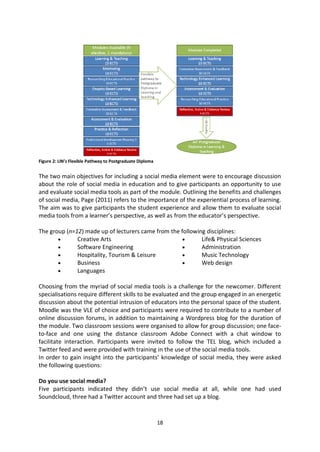 Figure 2: LIN’s Flexible Pathway to Postgraduate Diploma


The two main objectives for including a social media element were to encourage discussion
about the role of social media in education and to give participants an opportunity to use
and evaluate social media tools as part of the module. Outlining the benefits and challenges
of social media, Page (2011) refers to the importance of the experiential process of learning.
The aim was to give participants the student experience and allow them to evaluate social
media tools from a learner’s perspective, as well as from the educator’s perspective.

The group (n=12) made up of lecturers came from the following disciplines:
              Creative Arts                                 Life& Physical Sciences
              Software Engineering                          Administration
              Hospitality, Tourism & Leisure                Music Technology
              Business                                      Web design
              Languages

Choosing from the myriad of social media tools is a challenge for the newcomer. Different
specialisations require different skills to be evaluated and the group engaged in an energetic
discussion about the potential intrusion of educators into the personal space of the student.
Moodle was the VLE of choice and participants were required to contribute to a number of
online discussion forums, in addition to maintaining a Wordpress blog for the duration of
the module. Two classroom sessions were organised to allow for group discussion; one face-
to-face and one using the distance classroom Adobe Connect with a chat window to
facilitate interaction. Participants were invited to follow the TEL blog, which included a
Twitter feed and were provided with training in the use of the social media tools.
In order to gain insight into the participants’ knowledge of social media, they were asked
the following questions:

Do you use social media?
Five participants indicated they didn’t use social media at all, while one had used
Soundcloud, three had a Twitter account and three had set up a blog.



                                                           18
 
