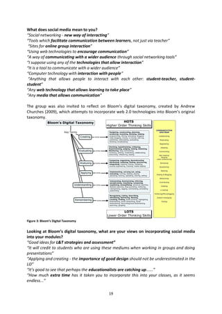What does social media mean to you?
“Social networking - new way of interacting”
“Tools which facilitate communication between learners, not just via teacher”
 “Sites for online group interaction”
“Using web technologies to encourage communication”
“A way of communicating with a wider audience through social networking tools”
“I suppose using any of the technologies that allow interaction”
“It is a tool to communicate with a wider audience”
“Computer technology with interaction with people”
 “Anything that allows people to interact with each other: student-teacher, student-
student”
“Any web technology that allows learning to take place”
“Any media that allows communication”

The group was also invited to reflect on Bloom’s digital taxonomy, created by Andrew
Churches (2009), which attempts to incorporate web 2.0 technologies into Bloom’s original
taxonomy.




Figure 3: Bloom’s Digital Taxonomy


Looking at Bloom’s digital taxonomy, what are your views on incorporating social media
into your modules?
“Good ideas for L&T strategies and assessment”
“It will credit to students who are using these mediums when working in groups and doing
presentations”
“Applying and creating - the importance of good design should not be underestimated in the
LO”
“It’s good to see that perhaps the educationalists are catching up......”
“How much extra time has it taken you to incorporate this into your classes, as it seems
endless...”

                                           19
 