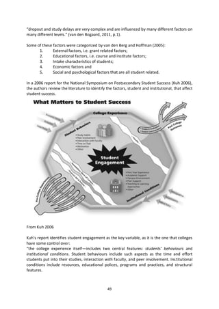 “dropout and study delays are very complex and are influenced by many different factors on
many different levels.” (van den Bogaard, 2011, p.1).

Some of these factors were categorized by van den Berg and Hoffman (2005):
      1.      External factors, i.e. grant related factors;
      2.      Educational factors, i.e. course and institute factors;
      3.      Intake characteristics of students;
      4.      Economic factors and
      5.      Social and psychological factors that are all student related.

In a 2006 report for the National Symposium on Postsecondary Student Success (Kuh 2006),
the authors review the literature to identify the factors, student and institutional, that affect
student success.




From Kuh 2006

Kuh’s report identifies student engagement as the key variable, as it is the one that colleges
have some control over:
“the college experience itself—includes two central features: students’ behaviours and
institutional conditions. Student behaviours include such aspects as the time and effort
students put into their studies, interaction with faculty, and peer involvement. Institutional
conditions include resources, educational polices, programs and practices, and structural
features.



                                               49
 