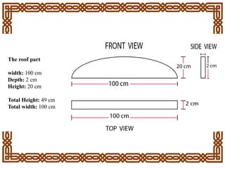 The roof part
width: 100 cm
Depth: 2 cm
Height: 20 cm
Total Height: 49 cm
Total width: 100 cm
 