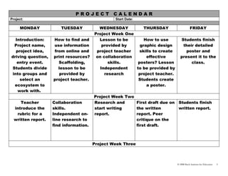 PROJECT           CALENDAR
Project:                                         Start Date:

     MONDAY             TUESDAY           WEDNESDAY           THURSDAY                     FRIDAY
                                        Project Week One
  Introduction:     How to find and       Lesson to be        How to use         Students finish
 Project name,      use information         provided by     graphic design        their detailed
  project idea,     from online and      project teacher    skills to create        poster and
driving question,   print resources?     on collaboration      effective         present it to the
   entry event.       Scaffolding,             skills.     posters? Lesson            class.
Students divide       lesson to be         Independent    to be provided by
into groups and        provided by           research      project teacher.
    select an       project teacher.                       Students create
 ecosystem to                                                  a poster.
   work with.
                                        Project Week Two
     Teacher        Collaboration       Research and     First draft due on Students finish
  introduce the     skills.             start writing    the written        written report.
   rubric for a     Independent on-     report.          report. Peer
  written report.   line research to                     critique on the
                    find information.                    first draft.



                                        Project Week Three



                                                                               © 2008 Buck Institute for Education   5
 