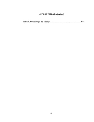 LISTA DE TABLAS (si aplica)
Tabla 1. Metodología de Trabajo……………………………………………4-5
vii
 