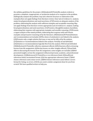 the syllabus guidelines for the project. (40)Analysis(40 Points)No analysis evident or
presents a simplistic, inappropriate, or incoherent analysis of or response to the problem.
(0)Illogically analyses the problem; may lack coherent structure or elaboration with
examples.Does not apply findings from literature review. Clear lack of evidence to analysis;
makes broad generalizations and uned assertions. (27)Presents an adequate analysis of the
problem, elaborating the analysis with sufficient examples and acceptable reasoning. May
not apply findings from literature review appropriate.Lack of evidence to analysis; making
broad generalizations and uned assertions. (31)Presents a thoughtful analysis of problem,
elaborating that response with appropriate examples and sensible reasoning. (35)Presents
a cogent analysis of the stated problem, elaborating that response with well-chosen
examples and persuasive reasoning ed by the literature. (40)Solution(30 Points)Solutions
and recommendation not included. (0)The choice of solution(s) is not linked to the analysis.
(20)Presents only a single solution that may or may not be fully ed by the analysis.
(23)Solution or recommendations linked to the analysis. Partially ed and defended.
(26)Solution or recommendations logically flow from the analysis. Well ed and defended.
(30)Reflection(10 Points)No reflective statement offered. (0)Perfunctory effort at drawing
lessons from the assignment. (6)One key lesson; no other insights offered. (7)Good faith
effort in discussing the lessons from the assignment; some insights are included. (8)Well
presented insights on how the assignment influenced personal, academic, and professional
development. (10)References(10 Points)Few or no references listed. (0)Insufficient
references listed; inconsistent format. (6)A few appropriate references listed. (7)Well
chosen references used; minor errors. (8)Well chosen references used; follows correct
format for listing; no errors. (10) Do you need a similar assignment done for you from
scratch? We have qualified writers to help you.
 