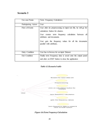 24
Scenario 3
Table 4.3:Scenario3 table
Figure 4.6:Term Frequency Calculation
Browse for input data set
Preprocessing
click on calculation button for
clusters
term frequency calculation
gets the frequency values
term frequency data is saved &
click on EXIT button
User
Use case Name Term Frequency Calculation
Participating Actors User
Flow of Events 1) User after do preprocessing on input text file, he will go for
calculation button for clusters.
2) User creates term frequency calculation between all
attributes and documents.
3) User gets the frequency values for all the documents
parallel with attributes.
Entry Condition User has to browse for an input Dataset.
Exit Condition Finally term Frequency data is saved onto the output panel
and click on EXIT button to close the application
 