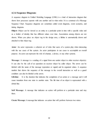 32
4.3.4 Sequence Diagram:
A sequence diagram in Unified Modeling Language (UML) is a kind of interaction diagram that
shows how processes operate with one another and in what order. It is a construct of a Message
Sequence Chart. Sequence diagrams are sometimes called event diagrams, event scenarios, and
timing diagrams.
Object: Object can be viewed as an entity at a particular point in time with a specific value and
as a holder of identity that has different values over time. Associations among objects are not
shown. When you place an object tag in the design area, a lifeline is automatically drawn and
attached to that object tag.
Actor: An actor represents a coherent set of roles that users of a system play when interacting
with the use cases of the system. An actor participates in use cases to accomplish an overall
purpose. An actor can represent the role of a human, a device, or any other systems.
Message: A message is a sending of a signal from one sender object to other receiver object(s).
It can also be the call of an operation on receiver object by caller object. The arrow can be
labeled with the name of the message (operation or signal) and its argument values. A sequence
number that shows the sequence of the message in the overall interaction as well as a guard
condition can also be labeled at the arrow.
Lifetime: It is the duration that indicates the completion of an action or a message and it will
cause transition from one state to another state. The life time of an object is represented with a
dotted line.
Self Message: A message that indicates an action will perform at a particular state and stay
there.
Create Message: A message that indicates an action that will perform between two states.
 