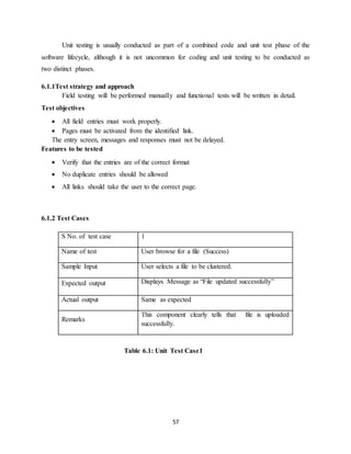 57
Unit testing is usually conducted as part of a combined code and unit test phase of the
software lifecycle, although it is not uncommon for coding and unit testing to be conducted as
two distinct phases.
6.1.1Test strategy and approach
Field testing will be performed manually and functional tests will be written in detail.
Test objectives
 All field entries must work properly.
 Pages must be activated from the identified link.
The entry screen, messages and responses must not be delayed.
Features to be tested
 Verify that the entries are of the correct format
 No duplicate entries should be allowed
 All links should take the user to the correct page.
6.1.2 Test Cases
S No. of test case 1
Name of test User browse for a file (Success)
Sample Input User selects a file to be clustered.
Expected output Displays Message as “File updated successfully”
Actual output Same as expected
Remarks
This component clearly tells that file is uploaded
successfully.
Table 6.1: Unit Test Case1
 
