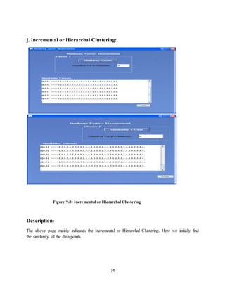 74
j. Incremental or Hierarchal Clustering:
Figure 9.8: Incremental or Hierarchal Clustering
Description:
The above page mainly indicates the Incremental or Hierarchal Clustering. Here we initially find
the similarity of the data points.
 